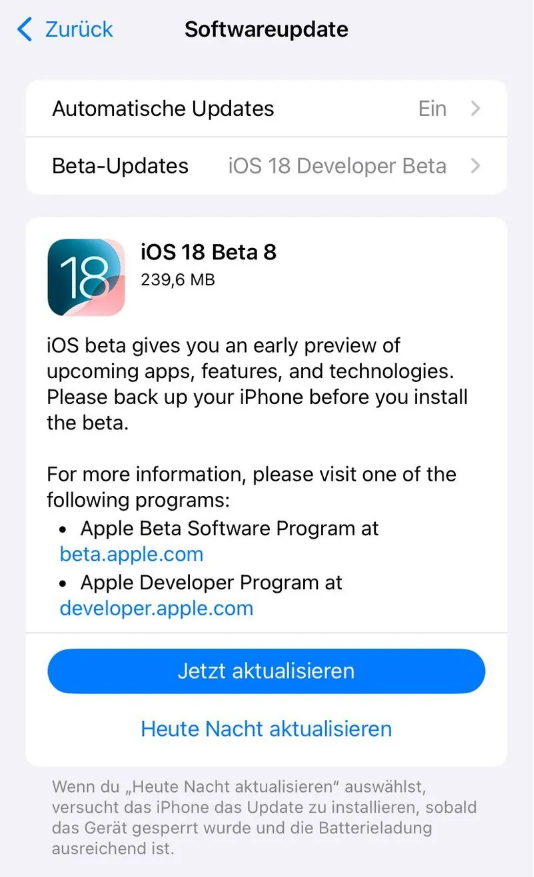 平度苹果手机维修分享苹果 iOS / iPadOS 18 开发者预览版 Beta 8 发布 